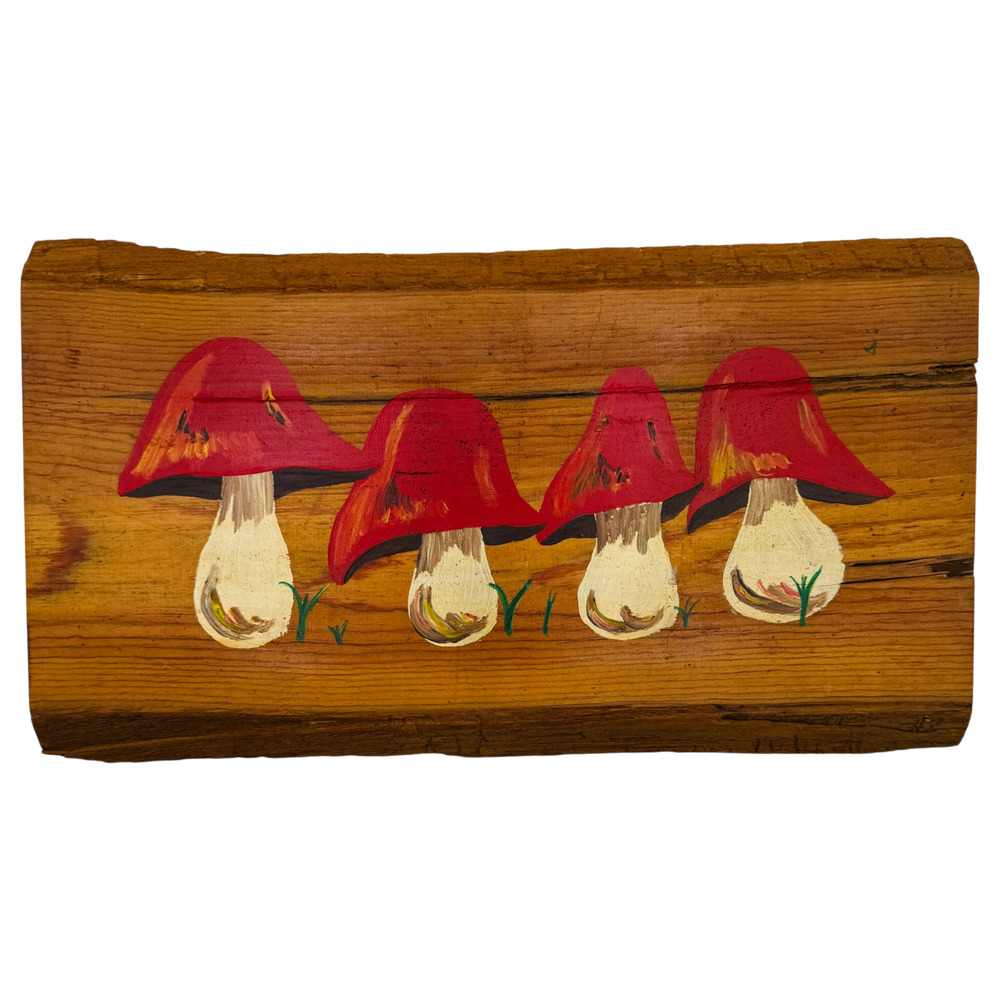 Vintage Mushroom Wall Art Plaque Folk Hand Painted Wood Slab 1970s Rustic 9 x 16